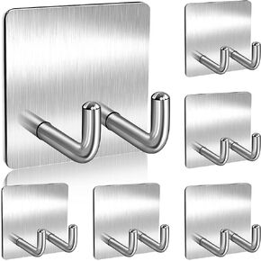 Ranslen 6 Pcs Premium Heavy Duty Adhesive Hooks with Double Hooks Wall Hangers for Bathroom, Self Stick Hooks for Hanging Heavy Duty, Self Adhesive Razor Holder for Shower Wall Straight (Inclined)