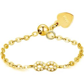 Infinite Love Cubic Zirconia Link Chain Statement Ring with Dangle Heart Ball Sterling Silver Adjustable Tail Finger Stacking Promise Tassel Dangling Rings Fashion Jewelry Gift for Women Girl Birthday