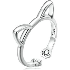 925 Sterling Silver Cat Motif Open Adjustable Ring, Animal Ring Fashion Jewelry Gift for Women Girls Ladies