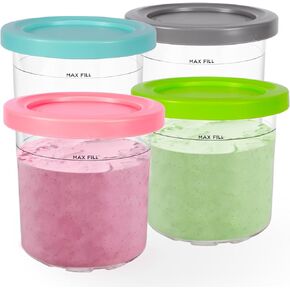 Replacement Pints Container with Silicone Lid for Ninja Pints and Lids, Compatible with NC299AMZ & NC300s Series Ice Cream Makers, 4 Pack 16oz Pint Containers Replacement with Leak Proof Lids, Bpa