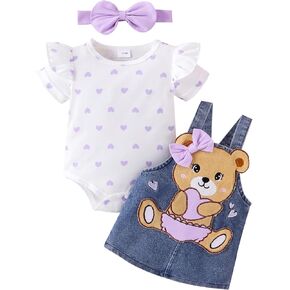 Baby Girl Clothes Outfits Summer Cute Little Bear Romper + Shorts + Butterfly Tie Hair Band Set 0-18 Months