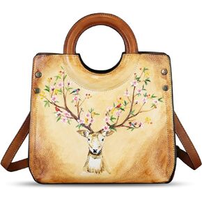 Genuine Leather Tote Bag for Women Hand Painted Leather Shoulder Handbag Handmade Purse Crossbody Work Tote Casual Purse