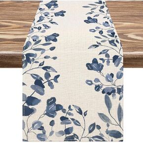 AnyDesign Blue and White Table Runner 13 x 72 Inch Blue Leaves Table Cover Watercolor Blue Plants Kitchen Dining Table Decor for Home Party Restaurant Table Decor Supplies