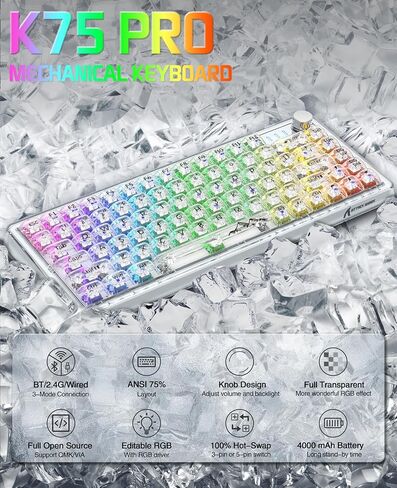 لوحة مفاتيح ميكانيكية K75 81 مفتاحًا RGB ميكانيكية مع أغطية مفاتيح شفافة، حامل حشية 4000 مللي أمبير في الساعة، سلكي/بلوتوث/2.4 جيجا مع كابل من النوع C، مفتاح خطي قابل للتبديل السريع لنظام Win/Mac (أبيض) in Kuwait