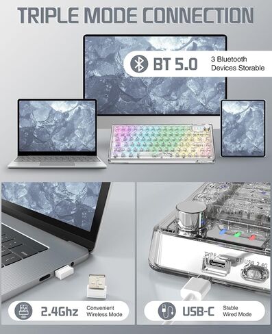 لوحة مفاتيح ميكانيكية K75 81 مفتاحًا RGB ميكانيكية مع أغطية مفاتيح شفافة، حامل حشية 4000 مللي أمبير في الساعة، سلكي/بلوتوث/2.4 جيجا مع كابل من النوع C، مفتاح خطي قابل للتبديل السريع لنظام Win/Mac (أبيض) in Kuwait