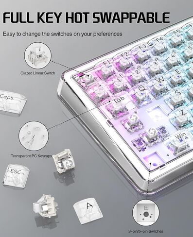 لوحة مفاتيح ميكانيكية K75 81 مفتاحًا RGB ميكانيكية مع أغطية مفاتيح شفافة، حامل حشية 4000 مللي أمبير في الساعة، سلكي/بلوتوث/2.4 جيجا مع كابل من النوع C، مفتاح خطي قابل للتبديل السريع لنظام Win/Mac (أبيض) in Kuwait