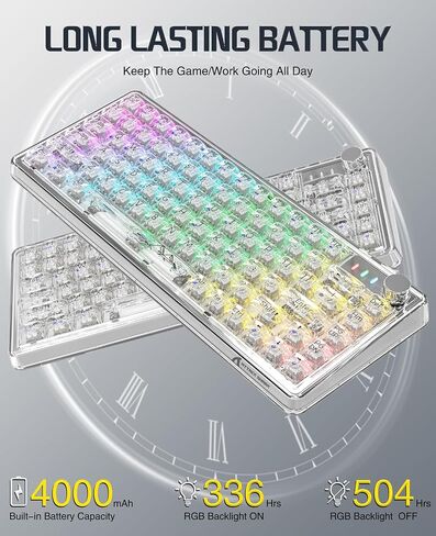 لوحة مفاتيح ميكانيكية K75 81 مفتاحًا RGB ميكانيكية مع أغطية مفاتيح شفافة، حامل حشية 4000 مللي أمبير في الساعة، سلكي/بلوتوث/2.4 جيجا مع كابل من النوع C، مفتاح خطي قابل للتبديل السريع لنظام Win/Mac (أبيض) in Kuwait