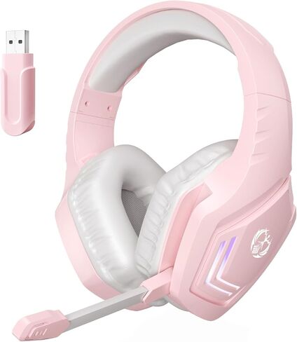 سماعة ألعاب وردية لاسلكية مع ميكروفون، صوت محيطي ستيريو، سماعات رأس لاسلكية 2.4 جيجا مطورة فوق الأذن مع ميكروفون، وسادات أذن ناعمة، ضوء LED أبيض، عزل الضوضاء للفتيات والمراهقين والنساء in Kuwait