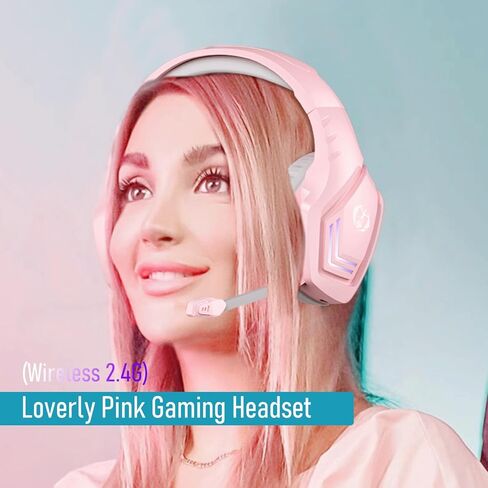 سماعة ألعاب وردية لاسلكية مع ميكروفون، صوت محيطي ستيريو، سماعات رأس لاسلكية 2.4 جيجا مطورة فوق الأذن مع ميكروفون، وسادات أذن ناعمة، ضوء LED أبيض، عزل الضوضاء للفتيات والمراهقين والنساء in Kuwait