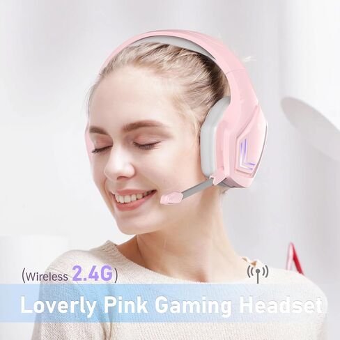 سماعة ألعاب وردية لاسلكية مع ميكروفون، صوت محيطي ستيريو، سماعات رأس لاسلكية 2.4 جيجا مطورة فوق الأذن مع ميكروفون، وسادات أذن ناعمة، ضوء LED أبيض، عزل الضوضاء للفتيات والمراهقين والنساء in Kuwait