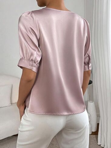 Floerns Women's Pearls Cut Out Front Keyhole Neck Puff Short Sleeve Work Blouse in Saudi Arabia