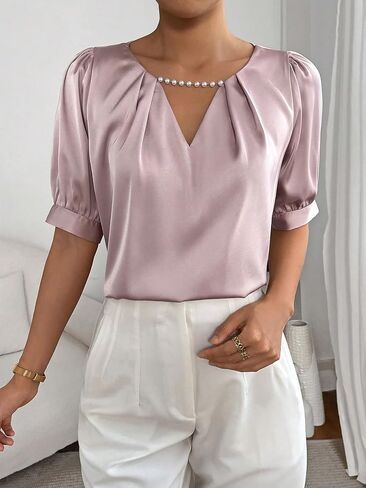 Floerns Women's Pearls Cut Out Front Keyhole Neck Puff Short Sleeve Work Blouse in Saudi Arabia