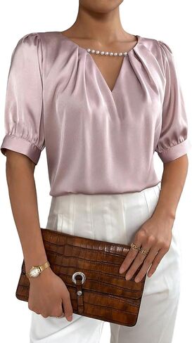 Floerns Women's Pearls Cut Out Front Keyhole Neck Puff Short Sleeve Work Blouse in Saudi Arabia