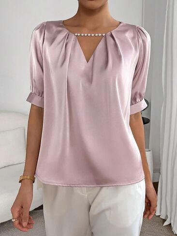 Floerns Women's Pearls Cut Out Front Keyhole Neck Puff Short Sleeve Work Blouse in Saudi Arabia