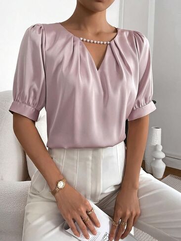 Floerns Women's Pearls Cut Out Front Keyhole Neck Puff Short Sleeve Work Blouse in Saudi Arabia