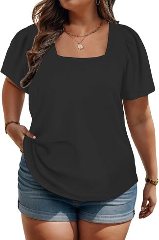 VISLILY Womens-Plus-Size-Tops Summer Puff Short Sleeve T Shirts Square Neck Tees Loose Fashion Tunics XL-5XL in Saudi Arabia