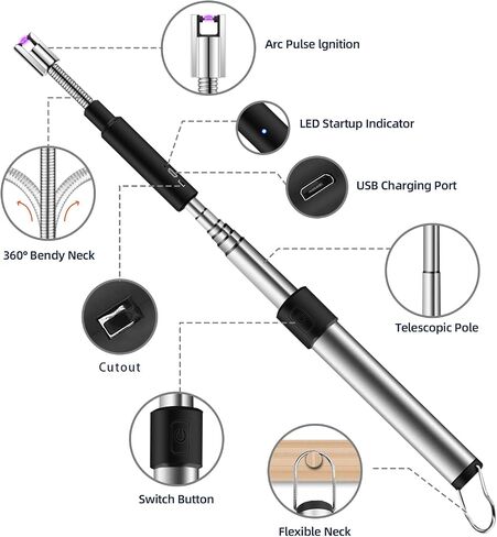 Candle Lighter Electric Lighter, USB Arc Lighter 360° Flexible Neck Rechargeable Lighters with LED Display, Telescopic Pole Long Lighters for Tabletop Fire Pit Camping BBQ S'mores in Saudi Arabia