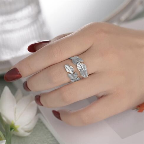 Feather Stainless Steel Statement Rings Angel Wings Leaves Wrap Open Adjustable Extendable Knuckle Middle Stacking Finger Engagement Couple Ring for Women Girls Men Cocktail Party Jewelry Fashion Gifts for Bff Birthday Christmas Hypoallergenic in Saudi Arabia