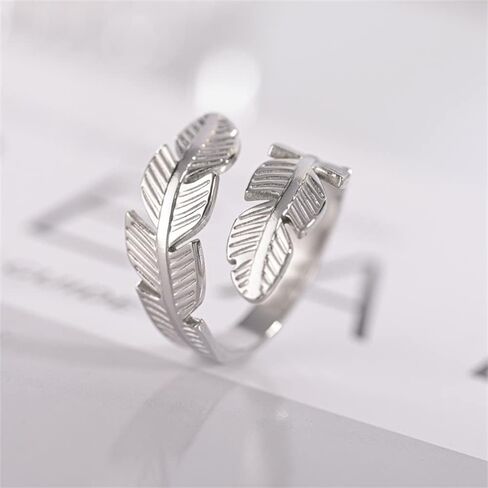 Feather Stainless Steel Statement Rings Angel Wings Leaves Wrap Open Adjustable Extendable Knuckle Middle Stacking Finger Engagement Couple Ring for Women Girls Men Cocktail Party Jewelry Fashion Gifts for Bff Birthday Christmas Hypoallergenic in Saudi Arabia