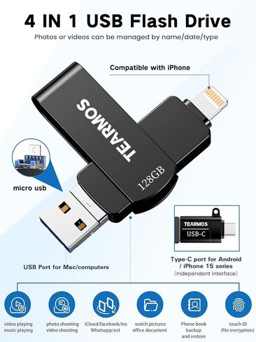 Flash Drives 128GB Intended for iPhone, Memory Stick Storage for Photos and Videos, iOS External Memory Storage Flash Drive Compatible with iPhone iPad Android and Computers (Dark Gray) in Saudi Arabia