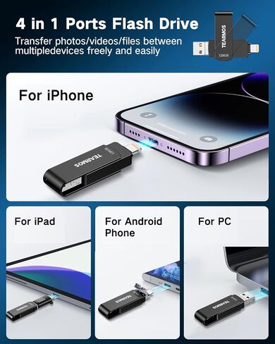 Flash Drives 128GB Intended for iPhone, Memory Stick Storage for Photos and Videos, iOS External Memory Storage Flash Drive Compatible with iPhone iPad Android and Computers (Dark Gray) in Saudi Arabia