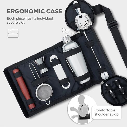 طقم شيكر كوكتيل مكون من 10 قطع من فاين داين مع حقيبة سفر - طقم شيكر من الفولاذ المقاوم للصدأ - طقم نادل ميكسولوجي - مصفاة، خلاط، جيجر، ملعقة بار، فتاحة زجاجات، فوهة صب - مجموعة بار in Kuwait