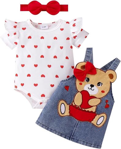 Baby Girl Clothes Outfits Summer Cute Little Bear Romper + Shorts + Butterfly Tie Hair Band Set 0-18 Months in Saudi Arabia
