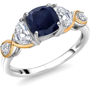 925 Silver and 10K Yellow Gold Cushion Sapphire Half Moon Moissanite and Lab Grown Diamond 3-Stone Engagement Ring For Women (1.96 Cttw, Gemstone Birthstone, Available In Size 5, 6, 7, 8, 9)