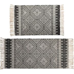 famibay Cotton Boho Rug 2x3+2x4.2Ft Black and Cream Diamond Symmetry Kilim Printed Woven Area Throw Rug with Tassels Accent Small Boho Rug for Entryway Laundry Bedroom Dorm