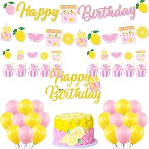 Lemon Party Decorations Lemonade Theme Party Supplies, Happy Birthday Banner, Lemonade Cake Topper, Pink Yellow Latex Balloons for Summer Lemonade Birthday Party