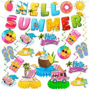 Summer Party Decorations, Summer Decorations includes Hello Summer Banner Hanging Swirls Summer Centerpieces for Tables, Hello Summer Party Decorations for Pool Beach Party Decorations