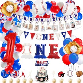 Baseball 1st Birthday Decorations, Include My Rookie Year Banner, One Year Old Banner, ONE Honeycomb Centerpiece, Baseball Cake Toppers, Baseball Balloons for Boys Baby First Baseball Party Supplies