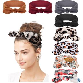DRESHOW 8 Pack Adjustable Knotted Headbands Cotton Elastic Non Slip Hair Bands Floral Yoga Headbands for Women