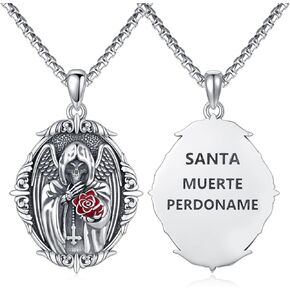 Cuoka Santa Muerte Necklace 925 Sterling Silver Grim Reaper Pendant Necklace,Retro Death Reaper Aumelt Chain Jewelry Birthday Graduation Gifts for Men Boys