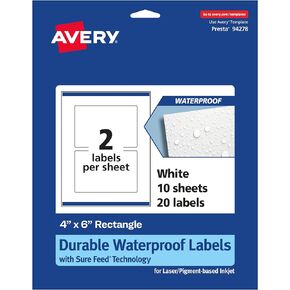 Avery Durable Waterproof Rectangle Labels with Sure Feed, 4" x 6", 20 Oil and Tear-Resistant Waterproof Labels, Print-to-The-Edge, Laser/Pigment-Based Inkjet Printable Labels