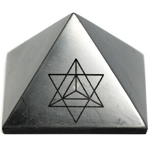 Karelian Heritage Authentic Shungite Stone Polished Pyramid 2" with Merkaba Engraving Symbol | Raw Shungite Crystal Figurine Home Protection Room Decor Office Desk Decor Black Pyramid PPG02