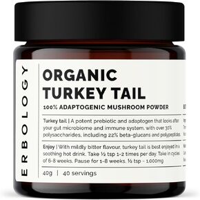 100% Organic Turkey Tail Mushroom Powder 40 Servings - 22% Beta-glucans - Prebiotic and Gut Nourishing - Trametes Versicolor - Sustainably Grown in Europe - Vegan - Non-GMO - No Added Fillers