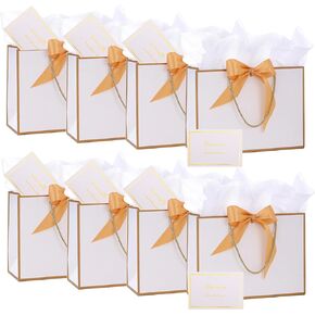 Dimetey 8Pack Metallic Paper Gift Bags with Handle,Bow Ribbon,Tissue and card, 20x28x10cm Thank You Favor Bag for Graduaction Wedding Bridal Birthday Party Baby Shower Retirement (Pink)