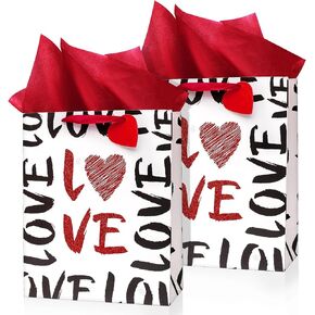 13" Valentines Day Bags 2 Pcs With Tissue Paper, Valentine Gift Bag Bulk for Birthday/Mother's Day/Father's Day (LOVE)