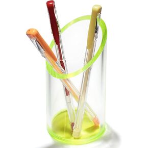 قلم أكريليك وحامل أقلام رصاص من OfficeGoods - تصميم أسطواني حديث - منظم مكتب جميل للمنزل أو المكتب - قاعدة وحافة متباينة - 5.25 بوصة ارتفاع × 2.5 بوصة عرض - أخضر نيون