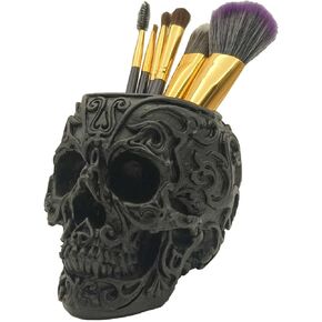 CUZOKOLA Gothic Skull Makeup Brush Holder Decor Vanity Decor with Strong Resin,Pen Holder for Home Office Desk Decorative&Succulent Flowerpot (Silver)