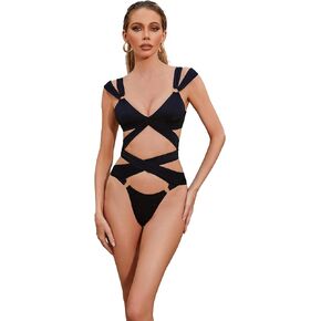 Black One-Piece Swimsuit with Criss-Cross and Gold-Tone Embellishment