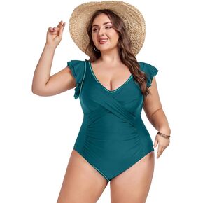 FOREYOND Plus Size Swimsuit for Women Tummy Control One Piece Full Coverage Plus Size Bathing Suit Retro Ruffle Swimwear