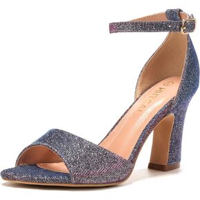 Block Chunky Heels for Women Peep Open Toe Ankle Strap Strappy Heeled Sandals 3 inch Party Dress Wedding Shoes Bride Bridesmaid