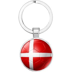 Art Attack Denmark Flag Soccer Keychain, Danish Dynamite Red and Whites National Football Team Accessories History Party Favor Fan Car Key Chain Ring Pendant Charm (Silver)