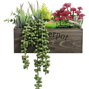 Hopewood Artificial Succulent Plants Arrangement in Wooden Planter, Fake Succulents Plants in Rustic Wood Box, Faux Succulent in Rectangular Pot, Centerpiece, Home Office Shelf Indoor Decor Plants