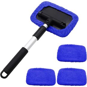 Windshield Cleaning Tool Car Window Cleaner with Extendable Long Handle and 2 Washable Reusable Microfiber Pads, Blue