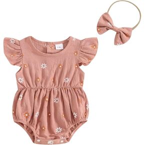 Newborn Baby Girls Daisy Printed Clothes Pleated Ruffled Sleeve Bubble Romper Cute Summer Outfit with Headband
