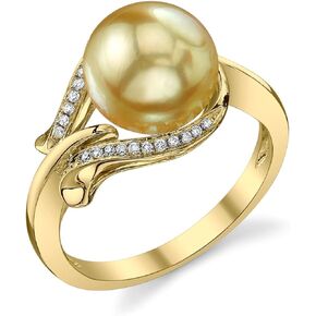 The Pearl Source 14K Gold 9-10mm Round Genuine Golden South Sea Cultured Pearl & Diamond Willow Ring for Women