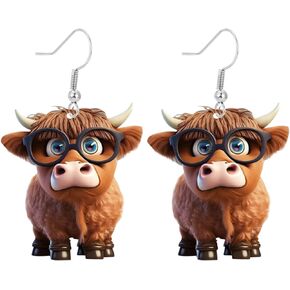 Highland Cow Earrings for Women, 2D Unique Glasses Flower Cow Head Dangle Acrylic Earrings Statement Sunflower Bow Highland Cow Animals Earrings for Teen Girls Holiday Gifts